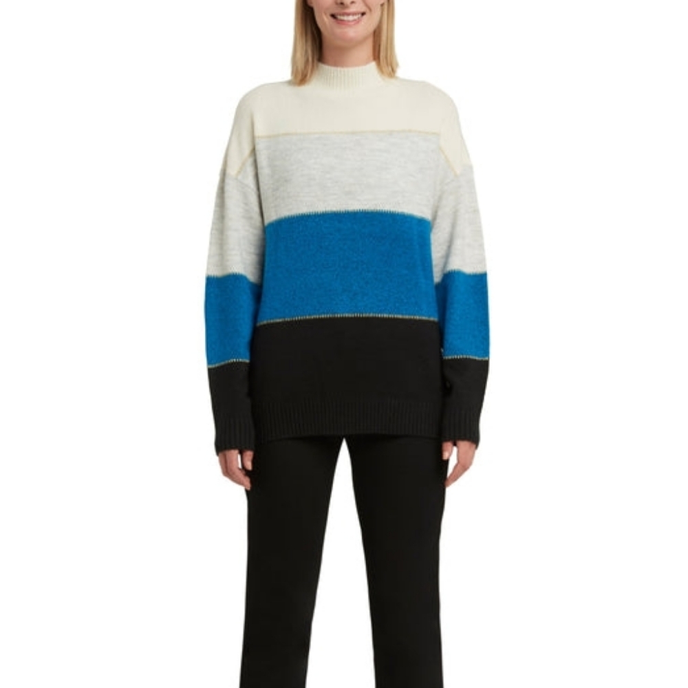 H by Halston | Mykonos Blue Combo Colorblock Sweater - Blue, Black, Gray, Cream